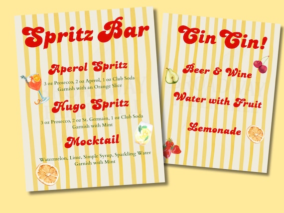 Spritz Bar Menu Printable Italian Summer Drink Sign Aperol Spritz Hugo Spritz Wedding Bar Decor Cocktail Menu Bridal Shower Wedding or Party