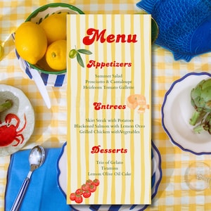 Modèle de menu modifiable pour le dîner italien apéritif spritz fête d'été Menu imprimable pour les douches, les fêtes d'été, les mariages ou les événements