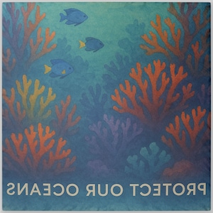 Könnte beinhalten: Künstlerische Illustration einer Unterwasserszene mit blauen Fischen und Korallen. Die Korallen sind in Orange-, Gelb- und Lilatönen vor blauem Hintergrund gehalten. Der Text "PROTECT OUR OCEANS" steht unten.