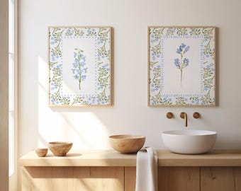 Blue Wildflower Botanical Print Set: Minimalist Floral Wall Art (Digital Download)
