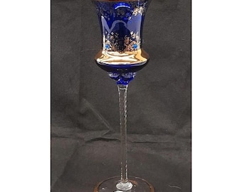 Vintage Blue Venetian Crystal Wine Glass: Gold Gilded Floral Design