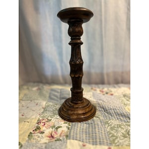 Hand-Carved Wooden Candlestick 12&quot; Tall With Ornate Detailing