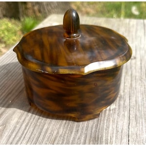 Vintage Faux Tortoise Shell Vanity Jar with Lid Finial - Mid Century Modern Acrylic Lucite Trinket Box - Hollywood Regency Powder Jar