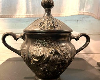 Antique Basalt Style Sugar Bowl W Lid & Handles Featuring Raised Floral/Figural Designs Signed