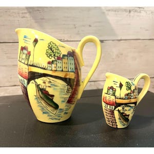 Pair of Adorable Japanese Yellow Pitchers 5” and 3” Hand Painted Canal/City Scene