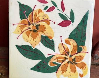 Vintage Mid-Century Modern Floral Ceramic Tile Trivet - Orange and Yellow Tiger Lilies - Retro Kitchen Decor