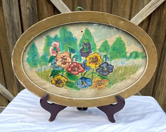 Vintage Signed Watercolor Painting 1950 Still Life Pansies Gouache Framed