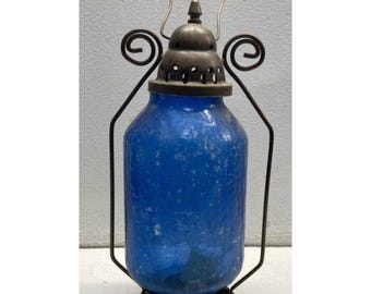 Vintage Blue Glass Courters Lantern With Metal Frame And Handle