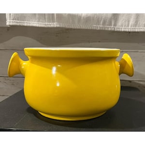 Vintage Yellow Ceramic Retro Round Double-Handle Soup Tureen With Glossy Finish & White Interior