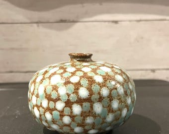 Vintage Handcrafted Ceramic Bud Vase With Polka Dot Pattern Rustic Finish