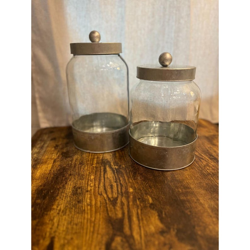 Set Of 2 Clear Glass Canisters With Galvanized Metal Lids & Bases For Kitchen Storage Or Decorative Use