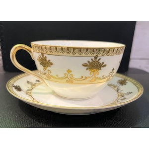 Antique Hand-Painted Nippon Tea Cup & Saucer Set With Gold Floral Design Porcelain