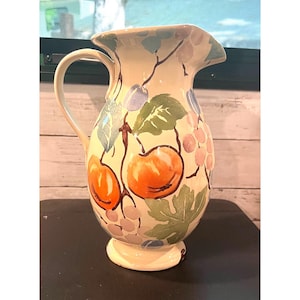 Hand-Painted Italian Bellini Ceramic Pitcher With Fruit & Leaf Design