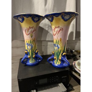 Two Matching 1920s Nippon Hand-Painted Floral Porcelain Vases With Gold Detail & Double Handles