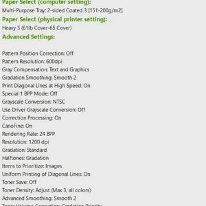 May include: A screenshot of Canon ImageClass mf753cdw II printer settings. The image displays various settings, including paper selection, resolution, and advanced options. The text is in black on a light green background.