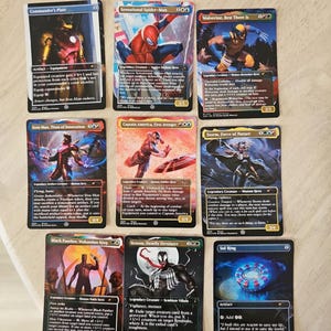 May include: Nine Magic: The Gathering cards featuring Marvel characters, including Iron Man, Spider-Man, and Wolverine. The cards are displayed on a light surface. The text "Actual results from a customer" is visible at the top.