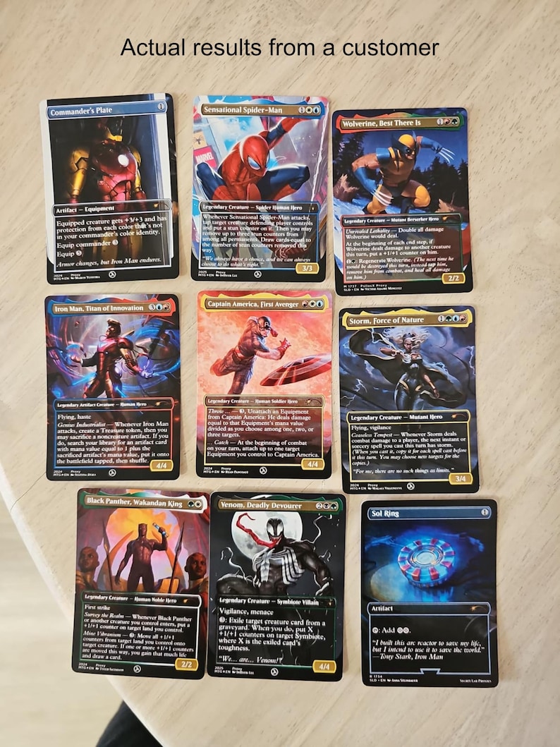 May include: Nine Magic: The Gathering cards featuring Marvel characters, including Iron Man, Spider-Man, and Wolverine. The cards are displayed on a light surface. The text "Actual results from a customer" is visible at the top.