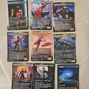 May include: Nine collectible trading cards featuring Marvel characters like Iron Man, Spider-Man, and Wolverine. The cards have colorful illustrations and text, with the phrase "Actual results from a customer" at the top.