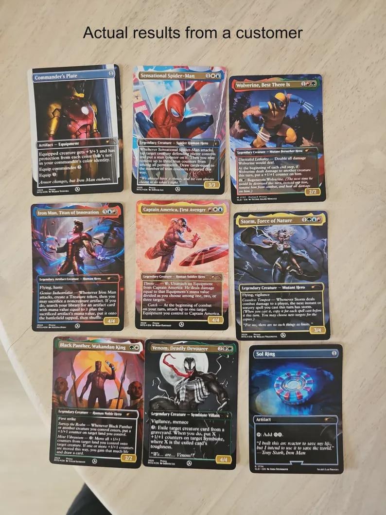 May include: Nine collectible trading cards featuring Marvel characters like Iron Man, Spider-Man, and Wolverine. The cards have colorful illustrations and text, with the phrase "Actual results from a customer" at the top.