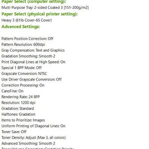 May include: Image of Canon ImageClass mf753cdw II printer settings. Includes settings for paper selection, resolution, and advanced features like gradation and toner density. The text is in a green font.
