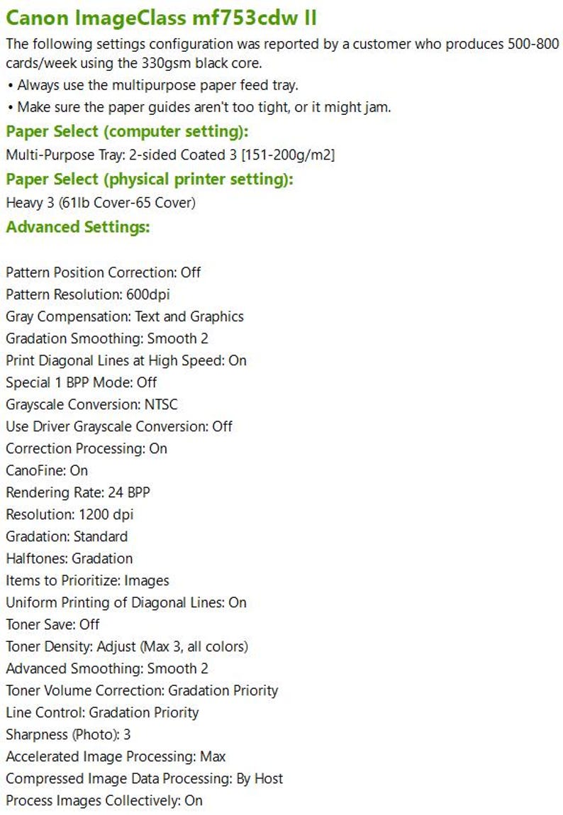 May include: Image of Canon ImageClass mf753cdw II printer settings. Includes settings for paper selection, resolution, and advanced features like gradation and toner density. The text is in a green font.