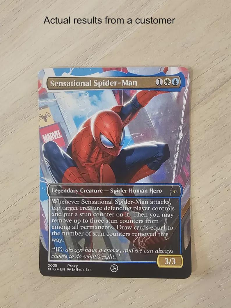 May include: A Sensational Spider-Man trading card featuring the superhero in a dynamic pose. The card has a blue and red color scheme, with the Marvel logo visible. Text includes "Legendary Creature - Spider Human Hero" and card details.