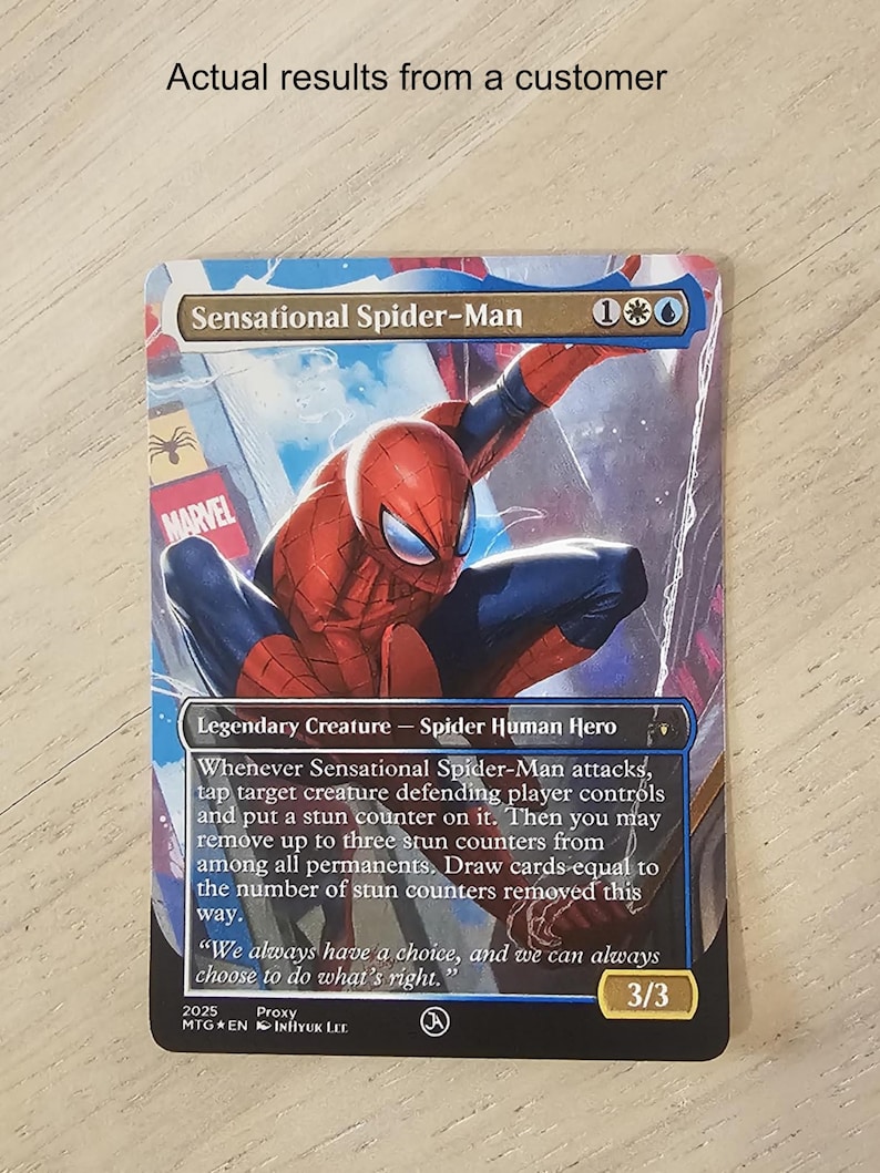 May include: A Sensational Spider-Man trading card with the superhero in action. The card has a red and blue design, with the Marvel logo. Text details the creature type, abilities, and a quote. The card's power and toughness are 3/3.