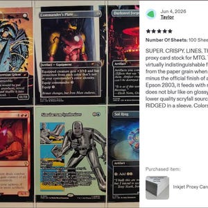 May include: A collection of rectangular trading cards featuring various fantasy illustrations, including Blightsteel Colossus, Commander's Plate, Hellkite Tyrant, and Simulacrum Synthesizer, displayed alongside a customer review text box.