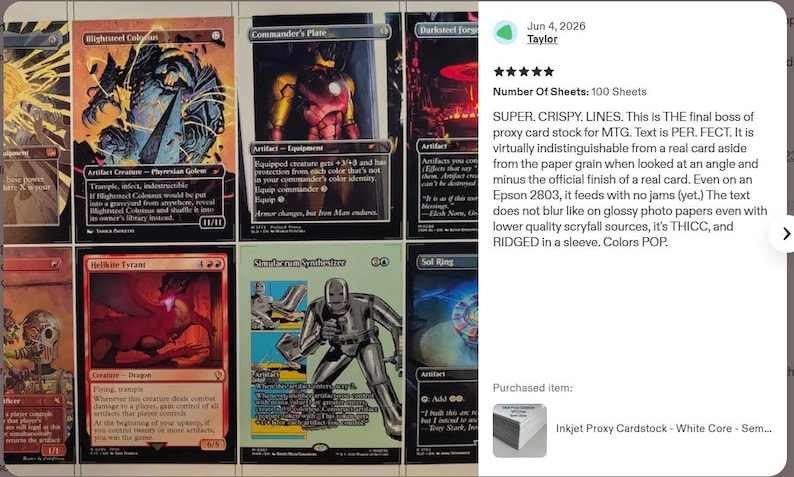 May include: A collection of rectangular trading cards featuring various fantasy illustrations, including Blightsteel Colossus, Commander's Plate, Hellkite Tyrant, and Simulacrum Synthesizer, displayed alongside a customer review text box.