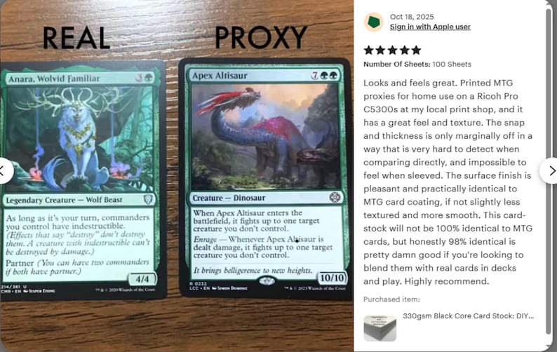 May include: Two green Magic: The Gathering cards, one labeled "REAL" and the other "PROXY." The "REAL" card features a wolf-like creature, while the "PROXY" card depicts a dinosaur. Text on the cards includes creature types and abilities.