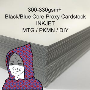 May include: A stack of white cardstock with text reading 300-330gsm+ Black/Blue Core Proxy Cardstock INKJET MTG / PKMN / DIY. A cartoon character wearing a blue and red patterned hooded sweatshirt is positioned in the lower left corner of the image.