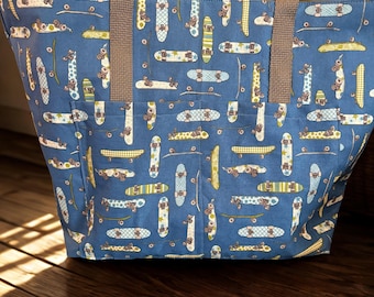 Skateboard Print Fabric Tote Bag | Lined Everyday Shoulder Bag