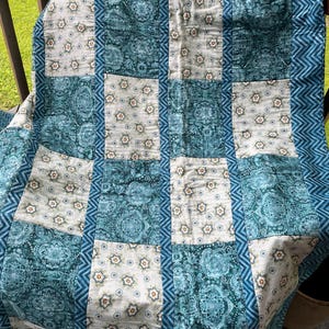 Handmade Lap Quilt 46.5” X 60”-Blue & Cream Floral Patchwork Quilt-Soft Throw Blanket-Cozy Couch Decor-Gift for Her or Him