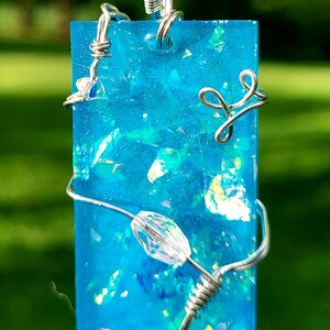 Aqua Blue Iridescent Silver Wire Wrapped Resin Pendant