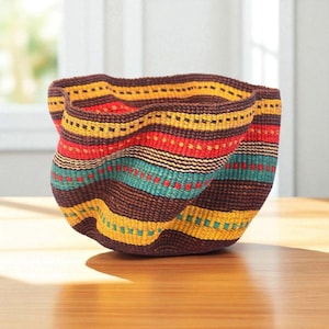 Colorful Bolga Bowl Basket – Handwoven African Basket for Fruit, Storage and Decor – Woven Ghana Basket Bowl | Boho Table Centerpiece