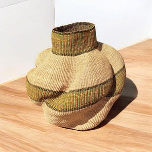Decorative Bolga Basket, Woven African Storage Basket, Handmade Pot Holder, Wicker Home Organizer