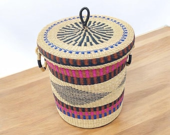 Boho geweven wasmand met deksel – handgemaakte Afrikaanse bolgamand