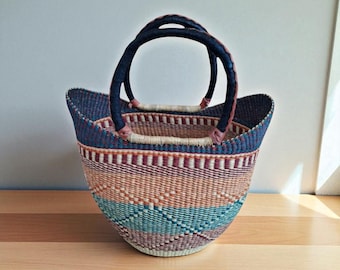 Large Colorful Bolga Market Basket – Handwoven Ghana Basket Tote with Leather Handles – African Straw Shopping Bag – Woven Storage Basket