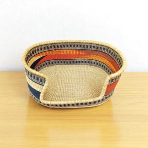 Handwoven Bolga Dog Bed Basket: Orange & Navy Elephant Grass