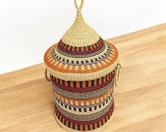 Handgeweven Bolga wasmand met deksel – moderne Afrikaanse opbergmand