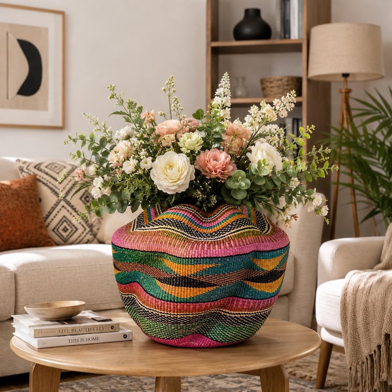 May include: A colorful woven basket vase filled with an arrangement of flowers. The vase has a vibrant pattern of pink, green, orange, and black stripes. The flowers include white and pink roses, and greenery. The vase sits on a round wooden coffee table.