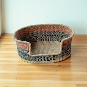 Handwoven African Dog Bed Basket: Pink & Navy Elephant Grass Pet Bed