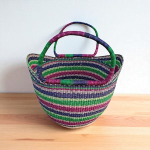 Handwoven Bolga Basket: Multicolor African Market Tote, Ghana Straw Bag