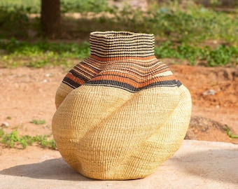 Flower Pot Basket,Bolga Woven Storage Basket, Elephant Grass Handmade Home Decor