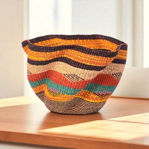 Handwoven Bolga Bowl Basket – Colorful African Storage Basket – Natural Straw Woven Organizer for Home Décor, Tabletop or Gifts