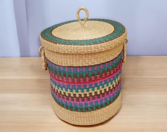 Panier à linge Bolga tissé à la main avec couvercle - Rangement bohème africain