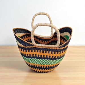 Handwove African Bolga Basket Tote – Handwoven Ghana Straw Bag | Eco-Friendly Market Basket | Natural & Colorful Carryall