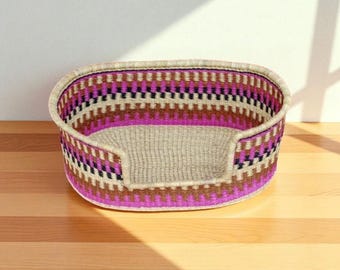 Handwoven African Dog Bed Basket: Pink & Brown Bolga Pet Bed