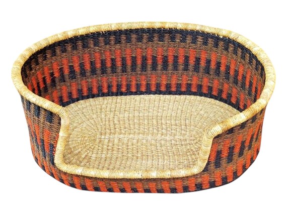 手編みのボルガ犬用ベッドバスケット：レッド＆ネイビーのエレファント