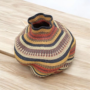 Decorative Bolga Basket, Woven African Storage Basket, Handmade Pot Holder, Wicker Home Organizer
